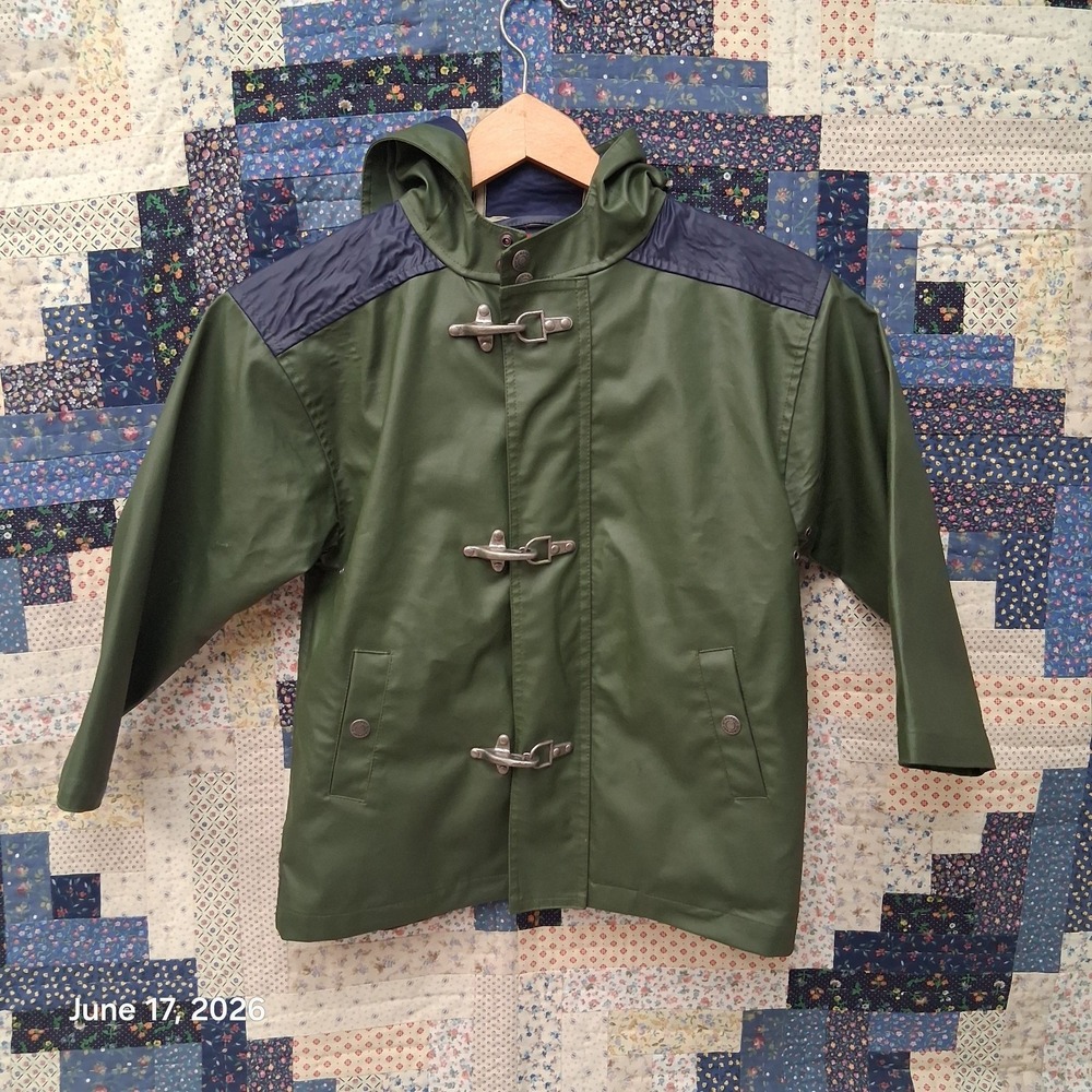 Vtg 90s Gymboree Gymsport Fireman Raincoat Jacket‎ Green Blue Metal Clasp XL 5 6